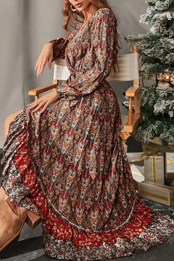 Spring 2022 New Retro Slim Waist Tie Bohemian Print Jumpsuit Group Dress
