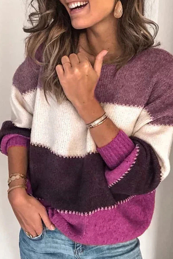 Round Neck Color Block Striped Sweater