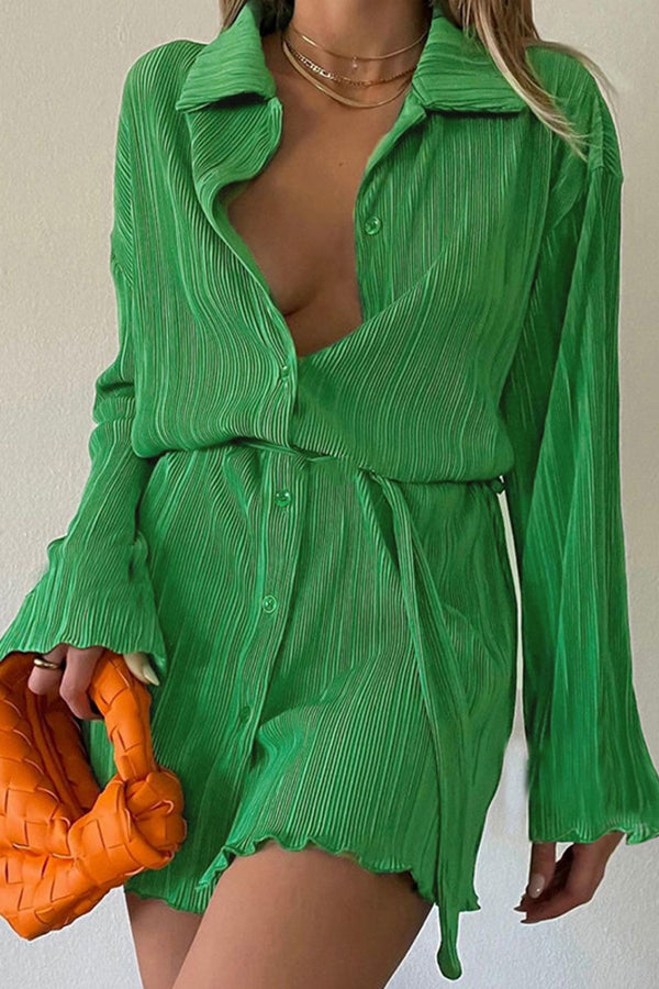 Crinkled Single-Breasted Mini Shirt Dress