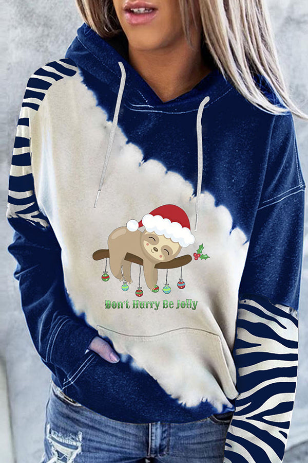 Santa Claus Print Color Block Hoodie (Blue )