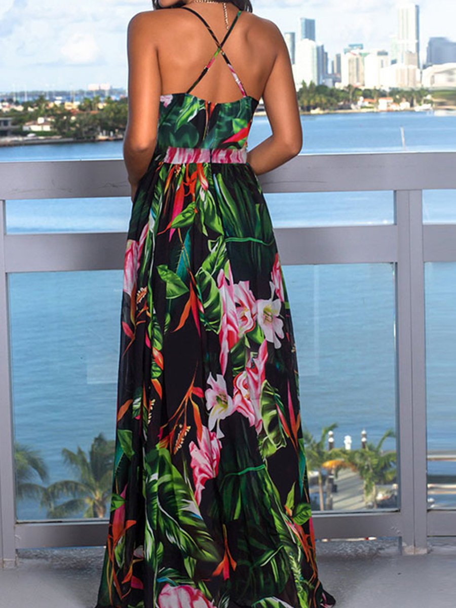 Beach Sling Leak Back Flower Print Maxi Dress