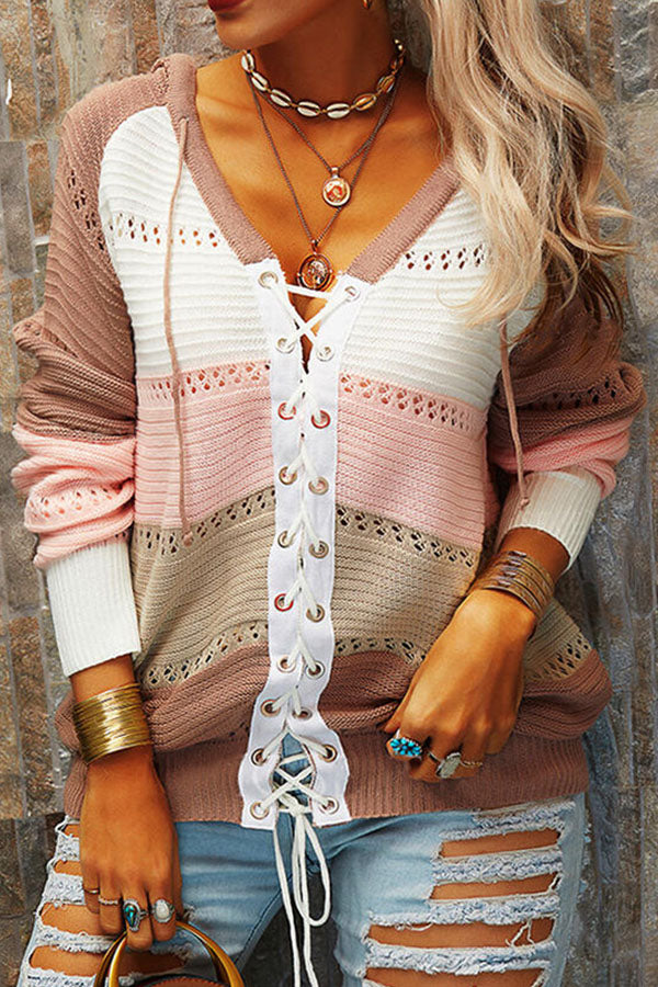 Color Contrast Lace-Up Hooded Sweater