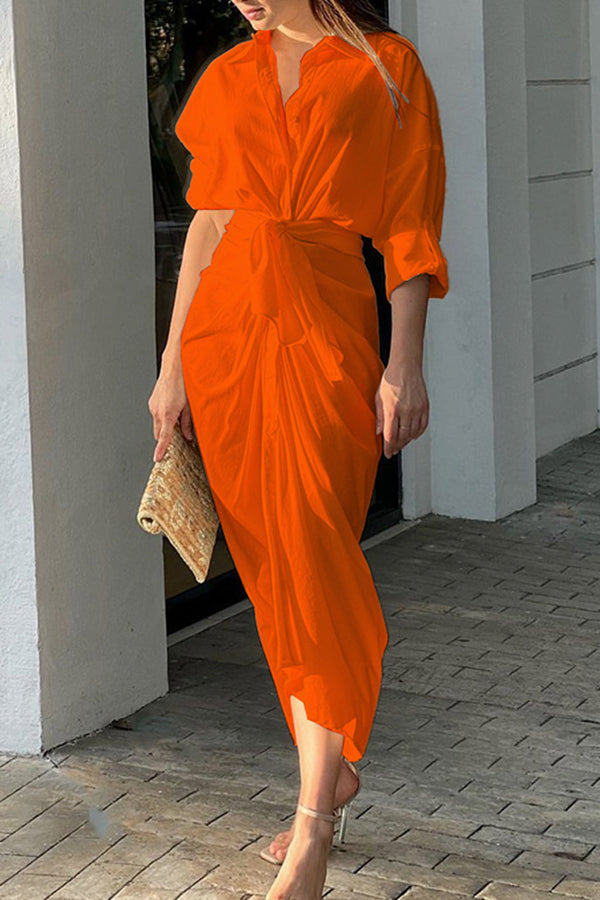 Solid Color Sexy Pleated Cardigan Shirt Dress