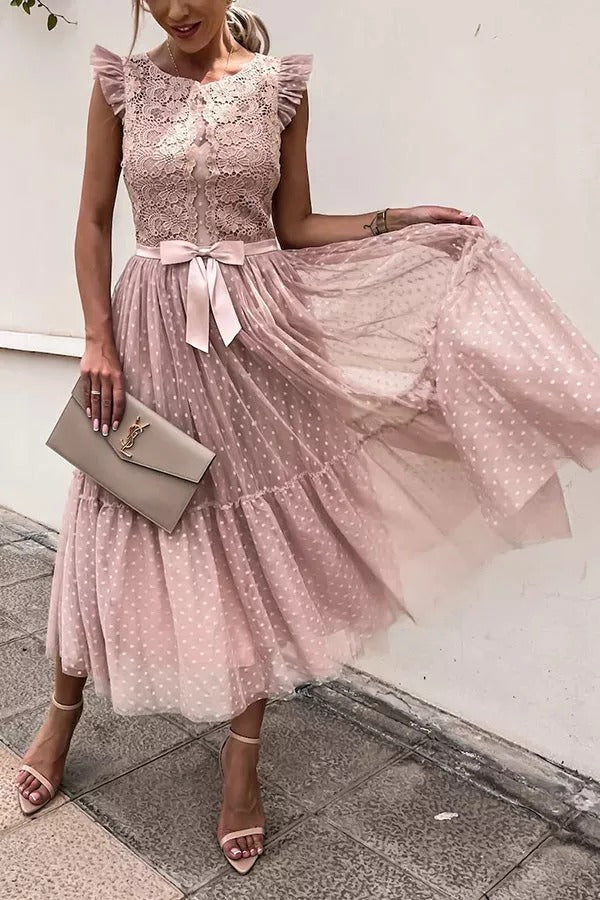 All The Romance Bow Tie Lace Midi Dress