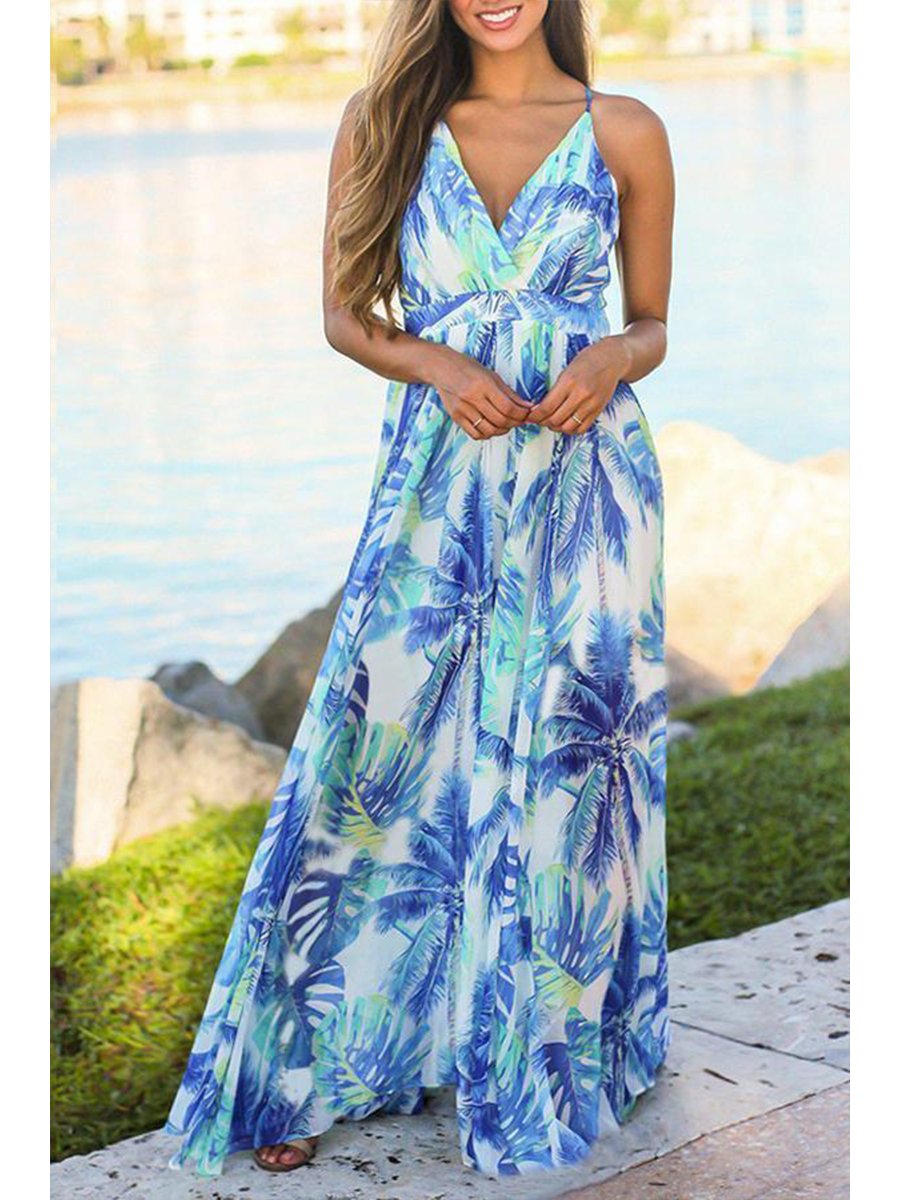 Beach Sling Leak Back Flower Print Maxi Dress