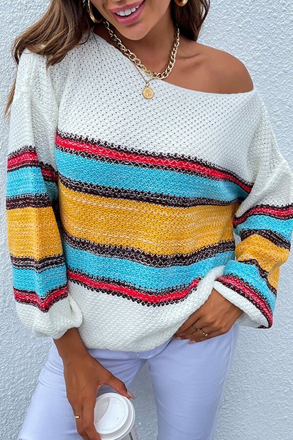 Temperament One Neck Rainbow Striped Knitted Sweater