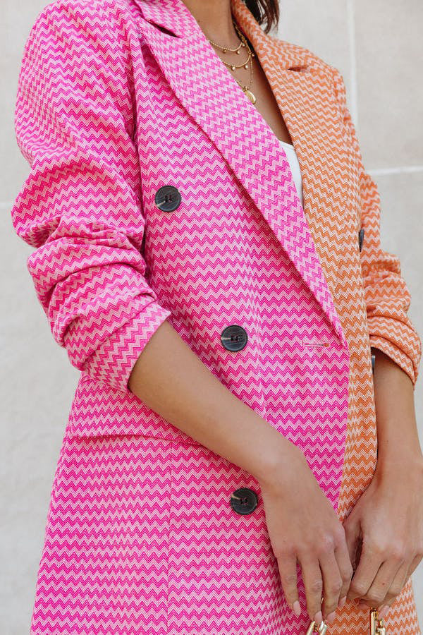 Pink Orange Color Matching Geometric Pocket Suit Coat