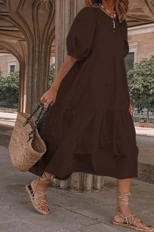 Vacation Puff Sleeve Solid Color Dress