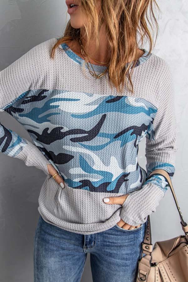 Print Splicing Waffle Knit Top