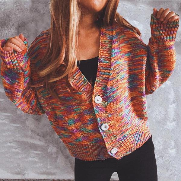 Color Single-breasted Long-sleeved Loose Knit Sweater Cardigan