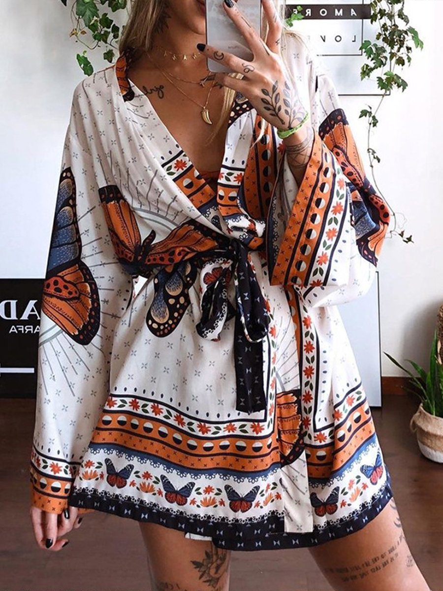 Printed Long Sleeve Waist Down Mini Dress