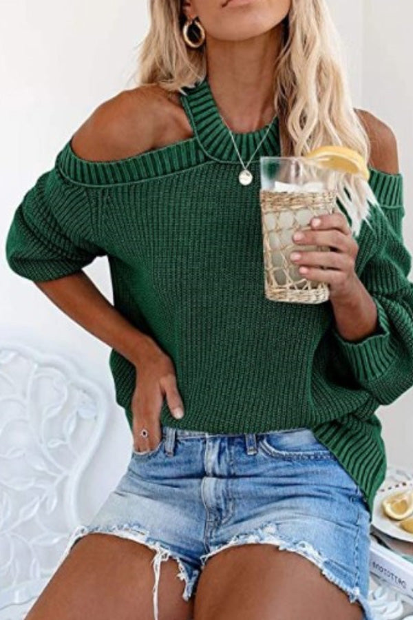 Sexy off-shoulder solid color loose knit sweater