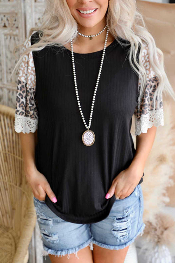 Leopard Lace Patchwork Pullover Round Collar Loose T