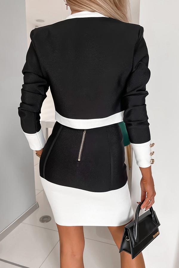 Colorblock Elegant Coat & Buttoned Skirt Set