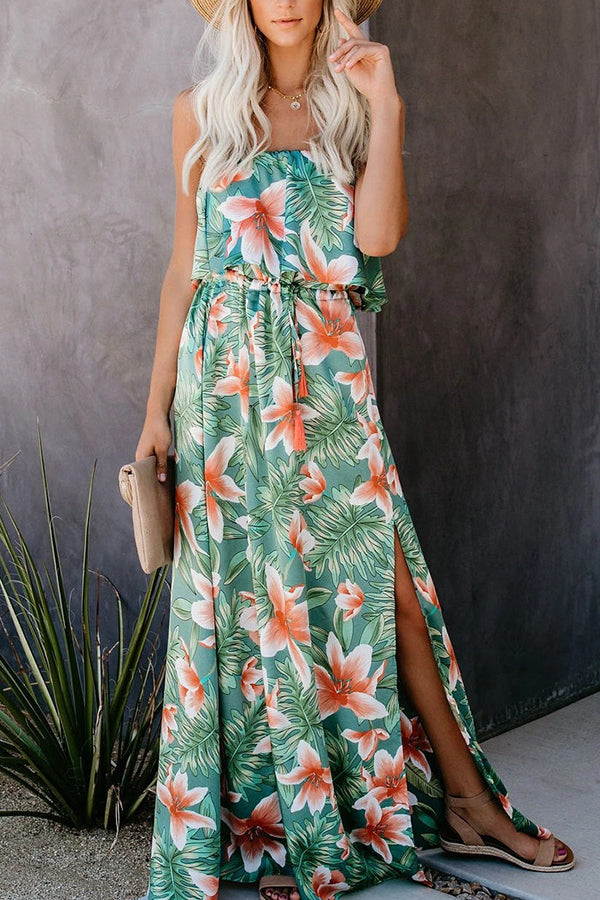 Tropical Plant Print Off-shoulder Ruffled Slit Long Dress