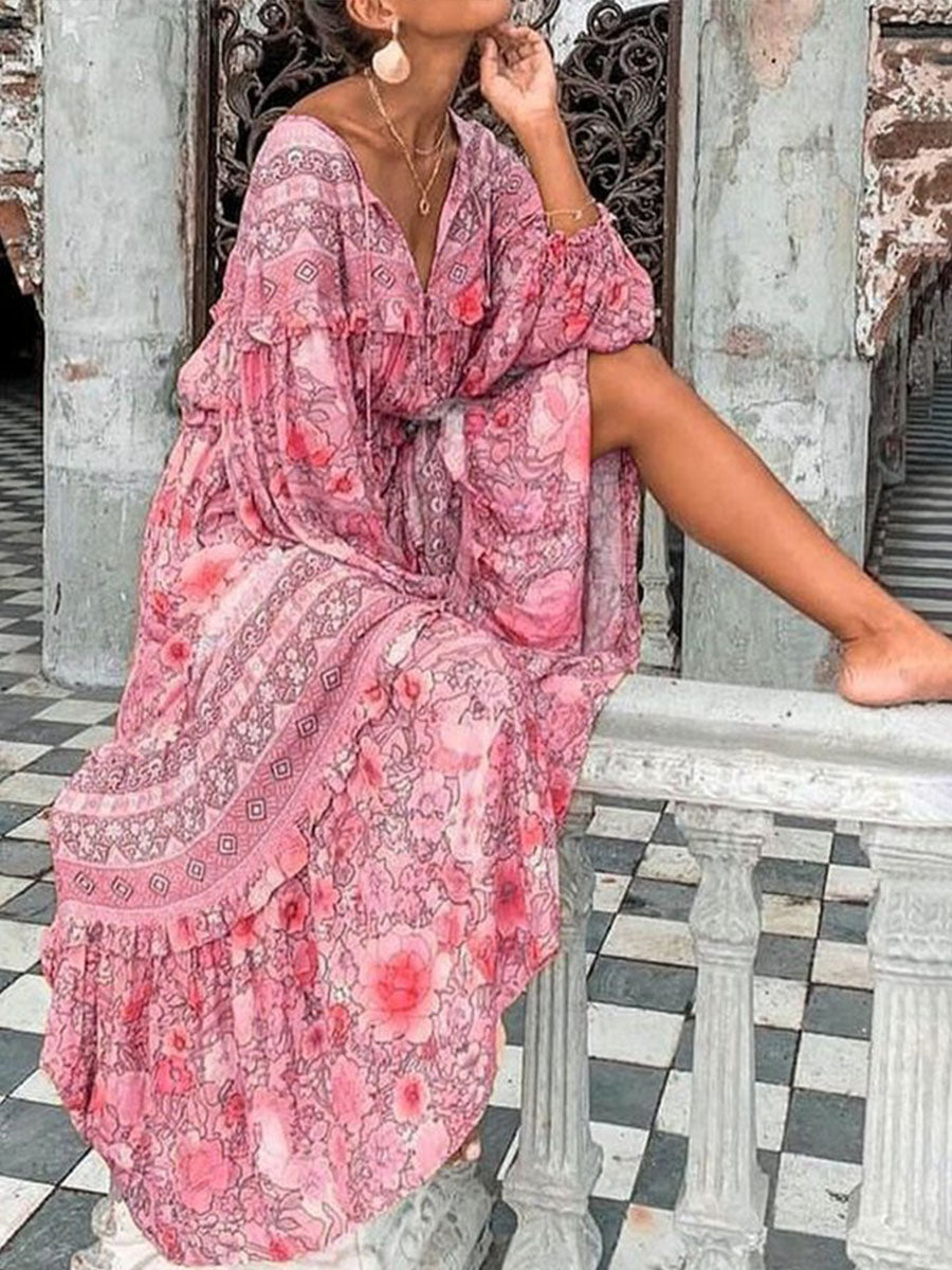 Tribal Long Sleeve Boho Cotton Shift Maxi Dress