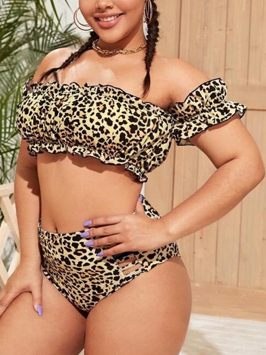 Sweet Off The Shoulder Leopard Print Ruffle Design Hollow-out Tankini