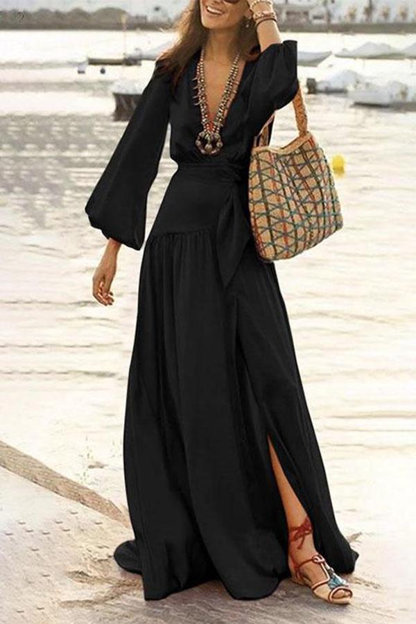Deep V Neck Lantern Sleeve High Split Maxi Swing Dress