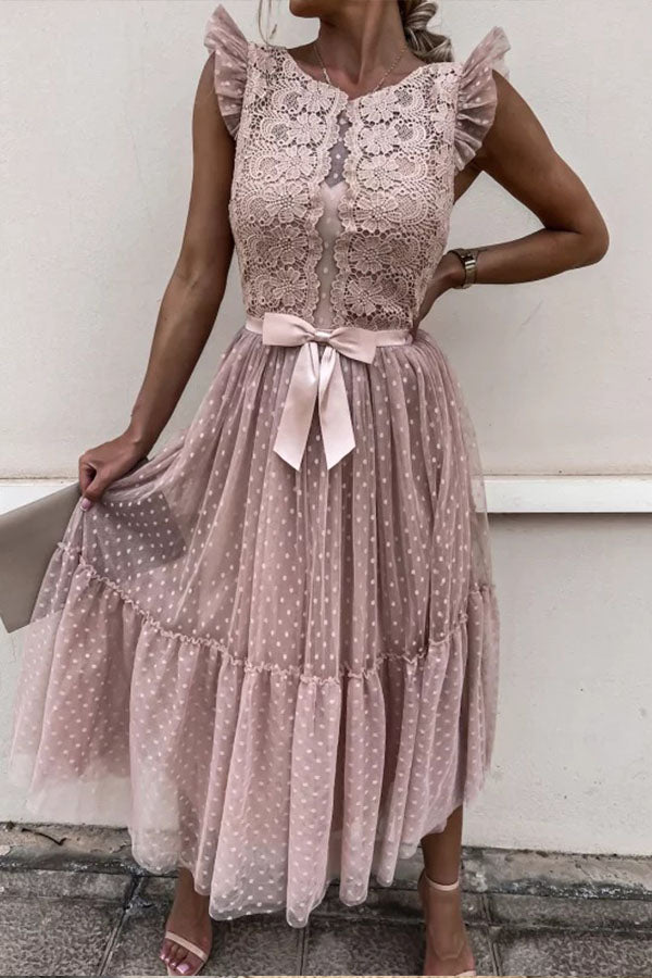 Fashion Solid Color Lace Mesh Panel Dress