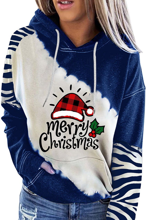 Santa Claus Print Color Block Hoodie (Blue )