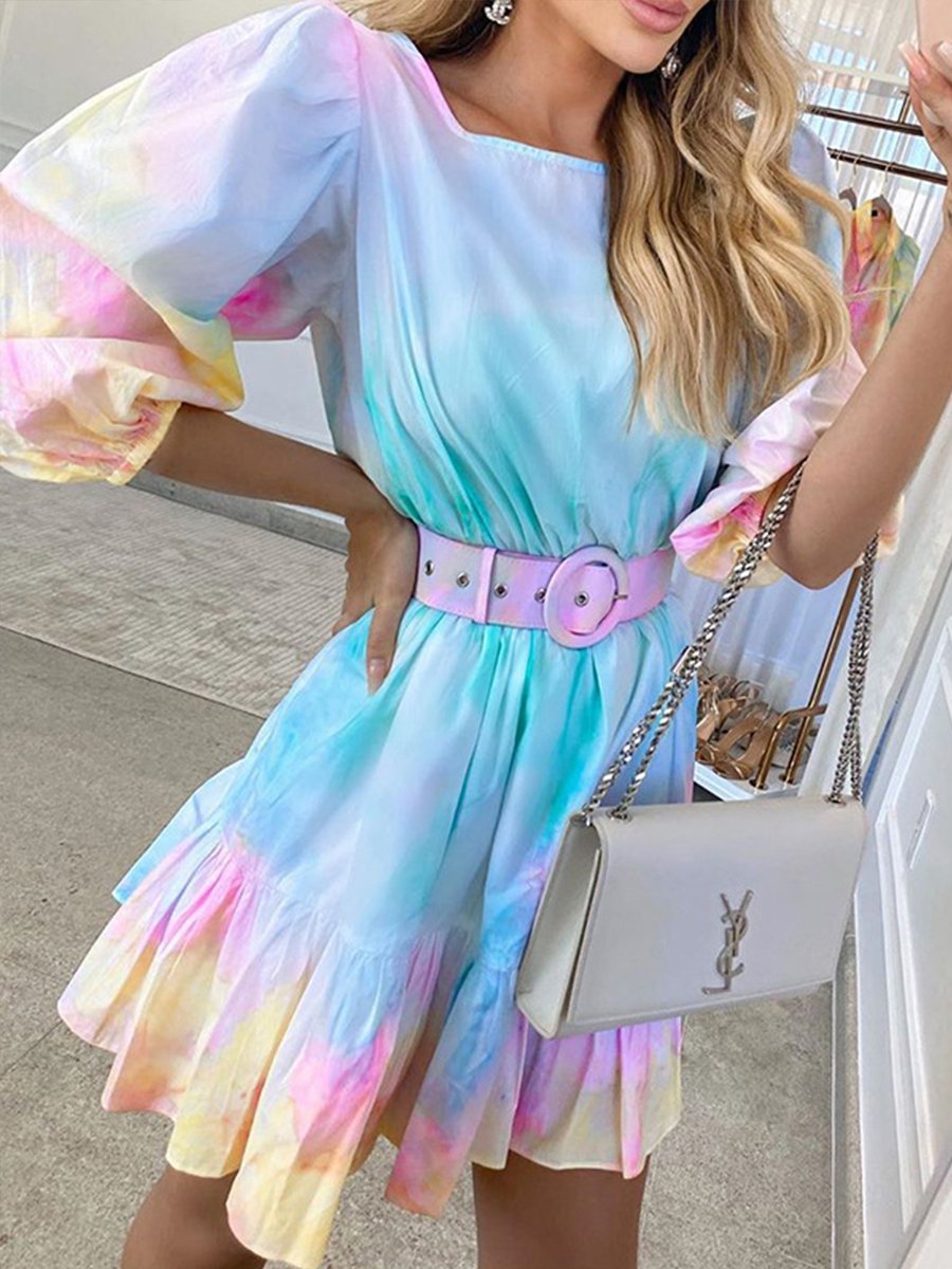 Tie Dye Holiday Ruffle Waist Print Mini Dress