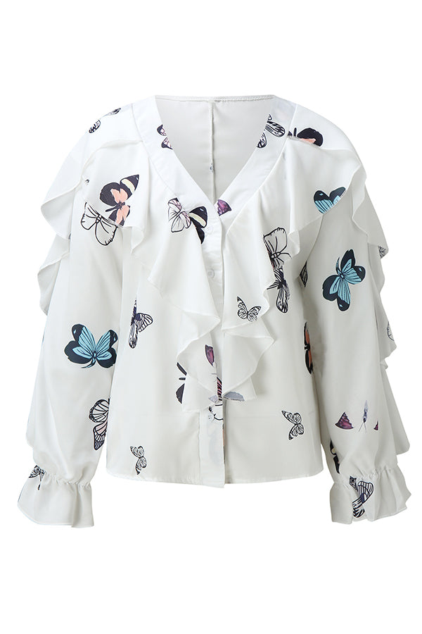 Chiffon V-Neck Long Sleeve Top