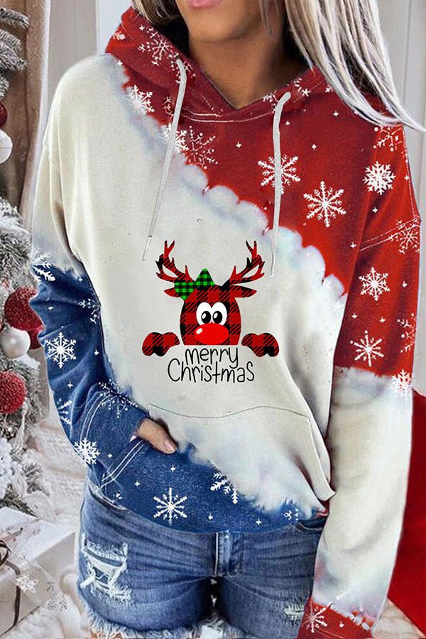 Santa Claus Print Color Block Hoodie (Red and blue)