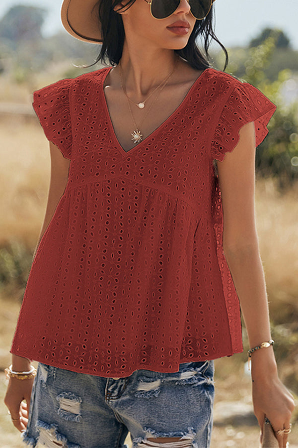 V-neck Lotus Leaf Sleeve Hollow Loose Women's Top