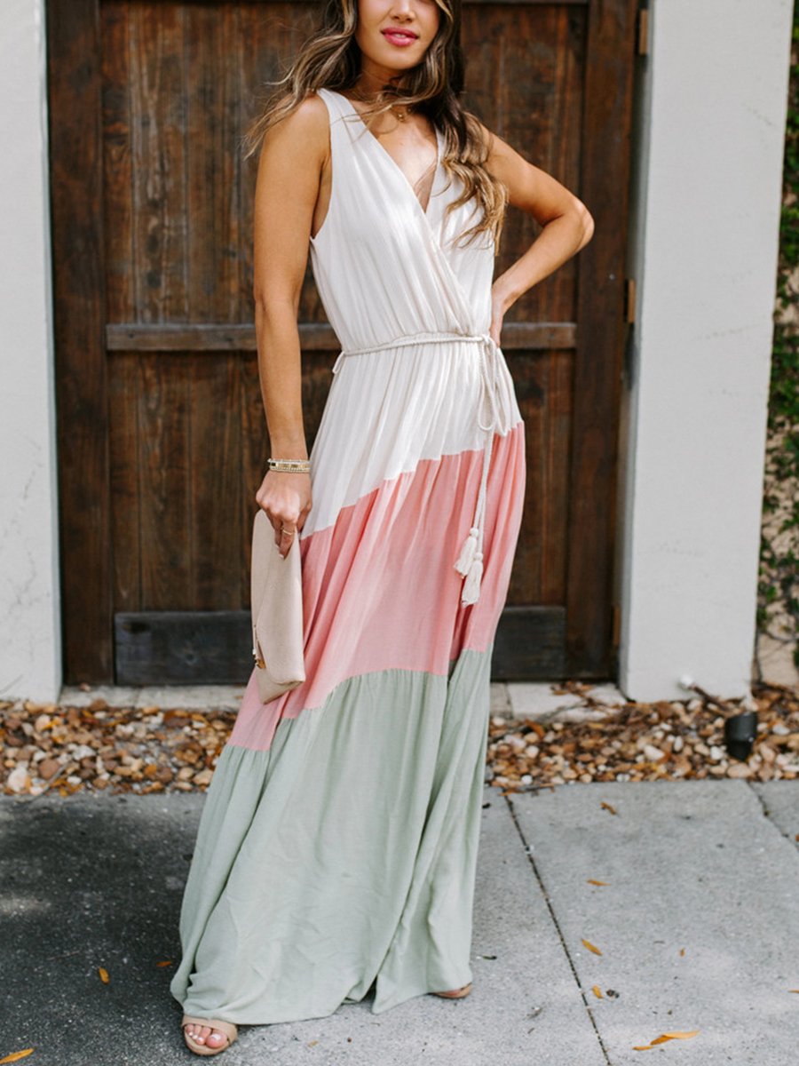 Elegant Color Contrast Backless Beach Dress