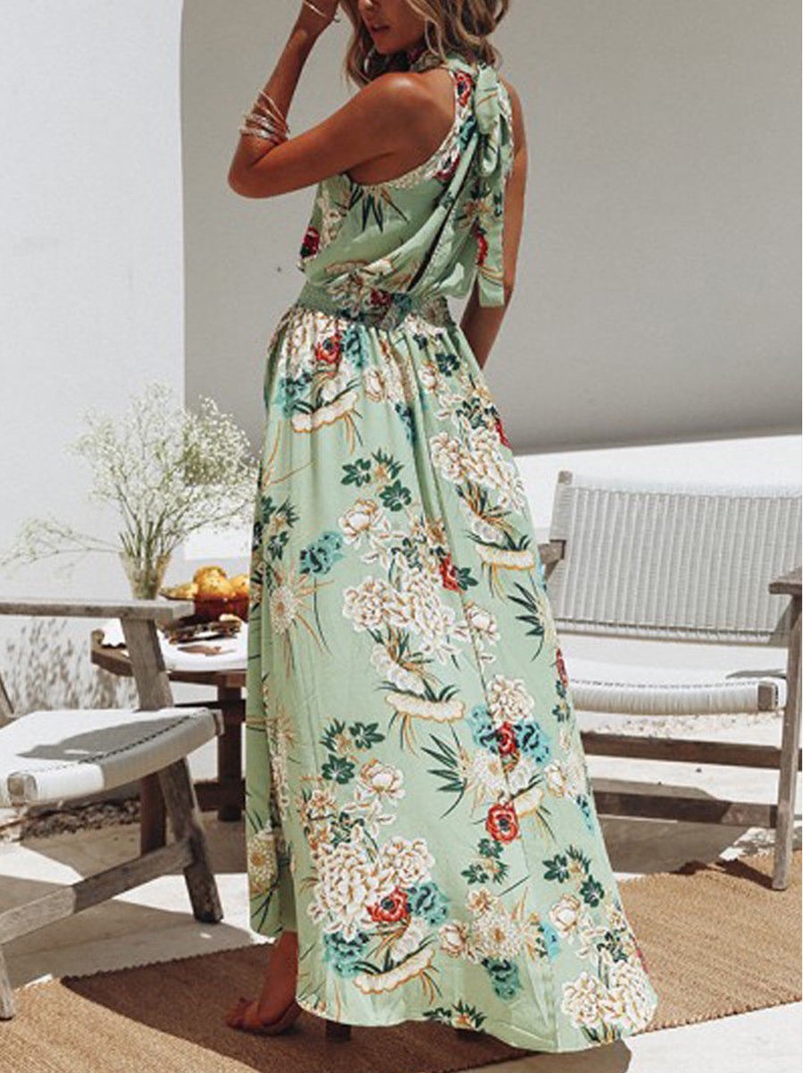 Half-high Neck Cutout Asymmetrical Print Dress