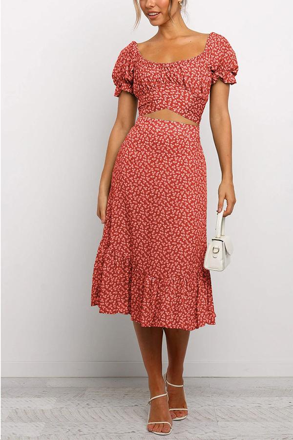 Floral Print Square Neck Puff Sleeve Dress Set