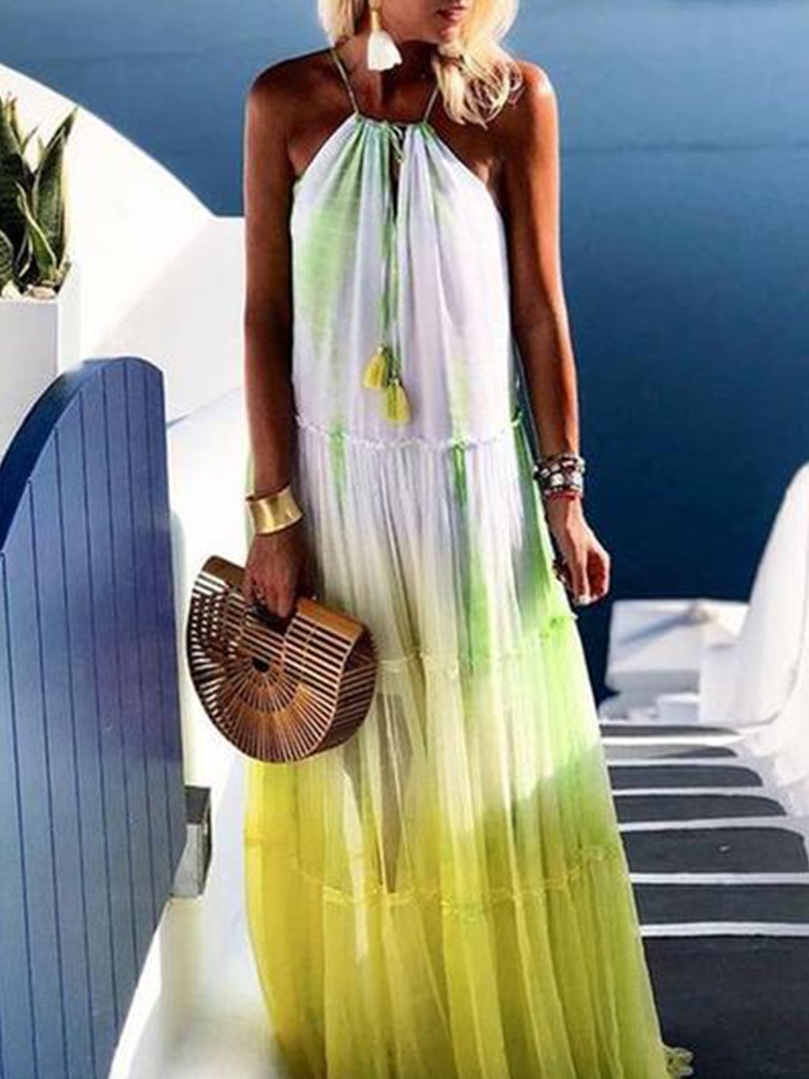 Halter Neck Tie-dye Print Maxi Vacation Dress