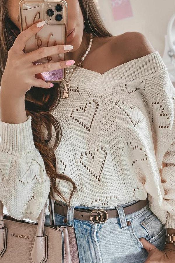 V-neck Heart-shaped Hollow Loose Knit Sweater