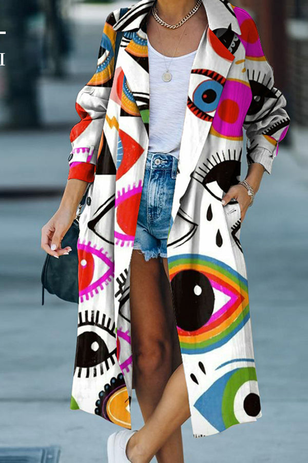 Casual Irregular Printed Lapel Midi Outerwear