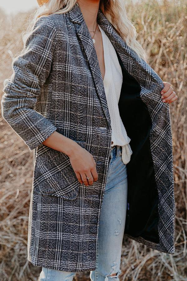 Plaid Lapel Long Sleeve Pocket Midi Boucle Coat