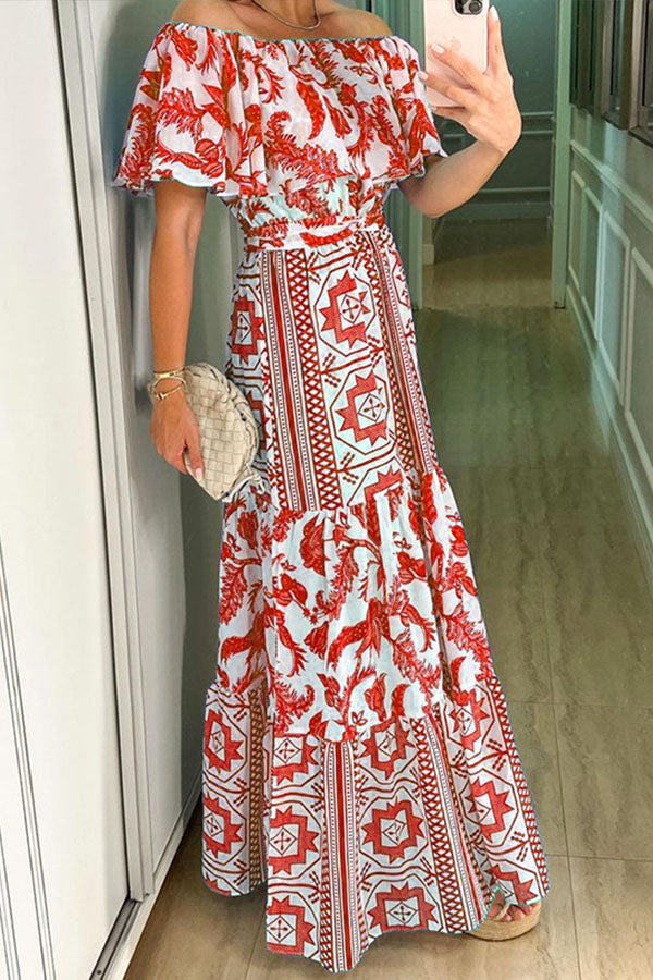 High-waisted Bohemian Print Dress with A Neckline