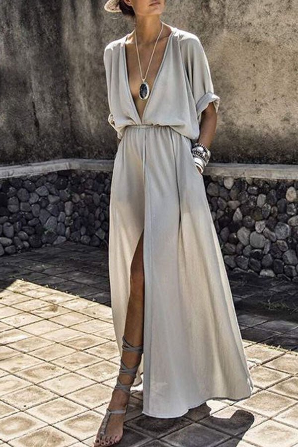 V-Neck Elastic Waist Plain Maxi Dress