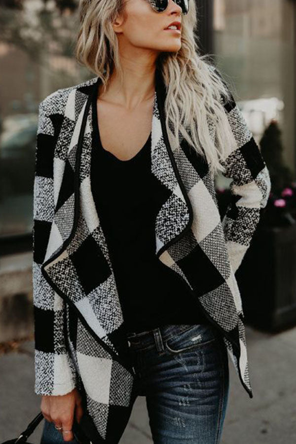 Colorblock Open Drape Front Plaid Coat
