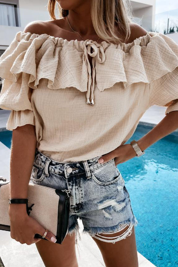 Off Shoulder Ruffle Solid Short Sleeve Shirt