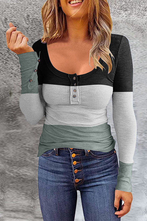 Stripe Round Neckline Long Sleeve Blouses