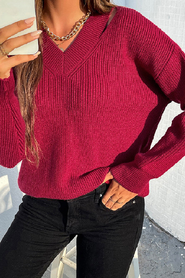 V Neck Solid Color Loose Sweaters