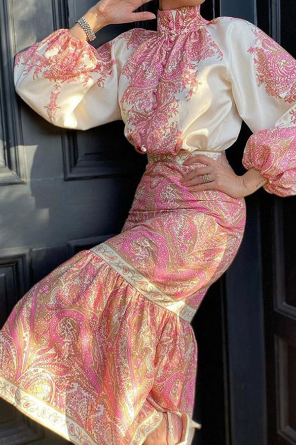Bohemian Printed Top Mid-Length Wrap Arm Skirt Set
