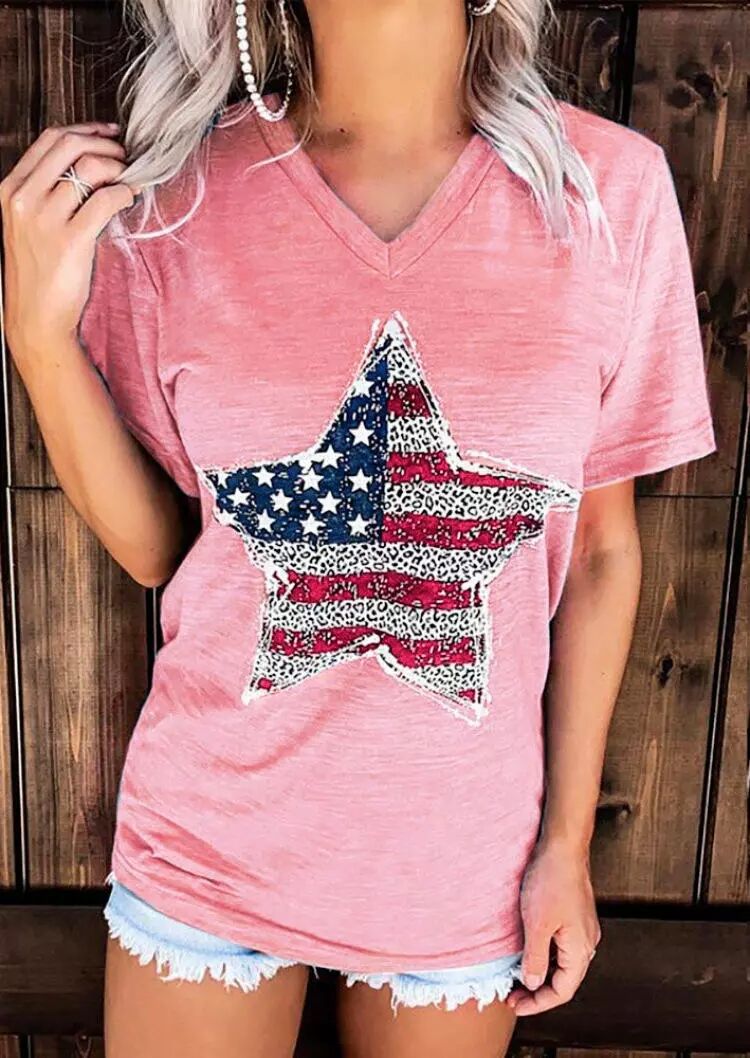 Women's Flag and Star Printed Round Collar Loose T-shirt