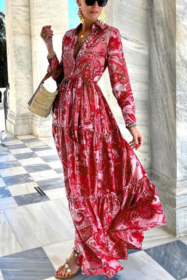 Retro Print Long Sleeve Shirt Dress