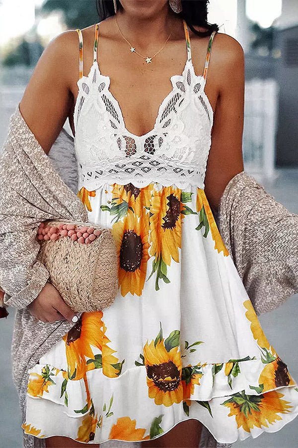 Summer Sexy Sling Floral Print Lace Mini Dress