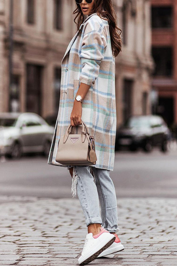 Long-sleeved Single-breasted Plaid Woolen Coat