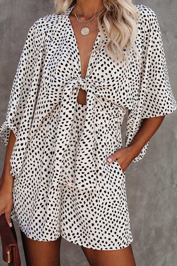 V-neck Leopard Print Batwing Sleeve Knotted Romper