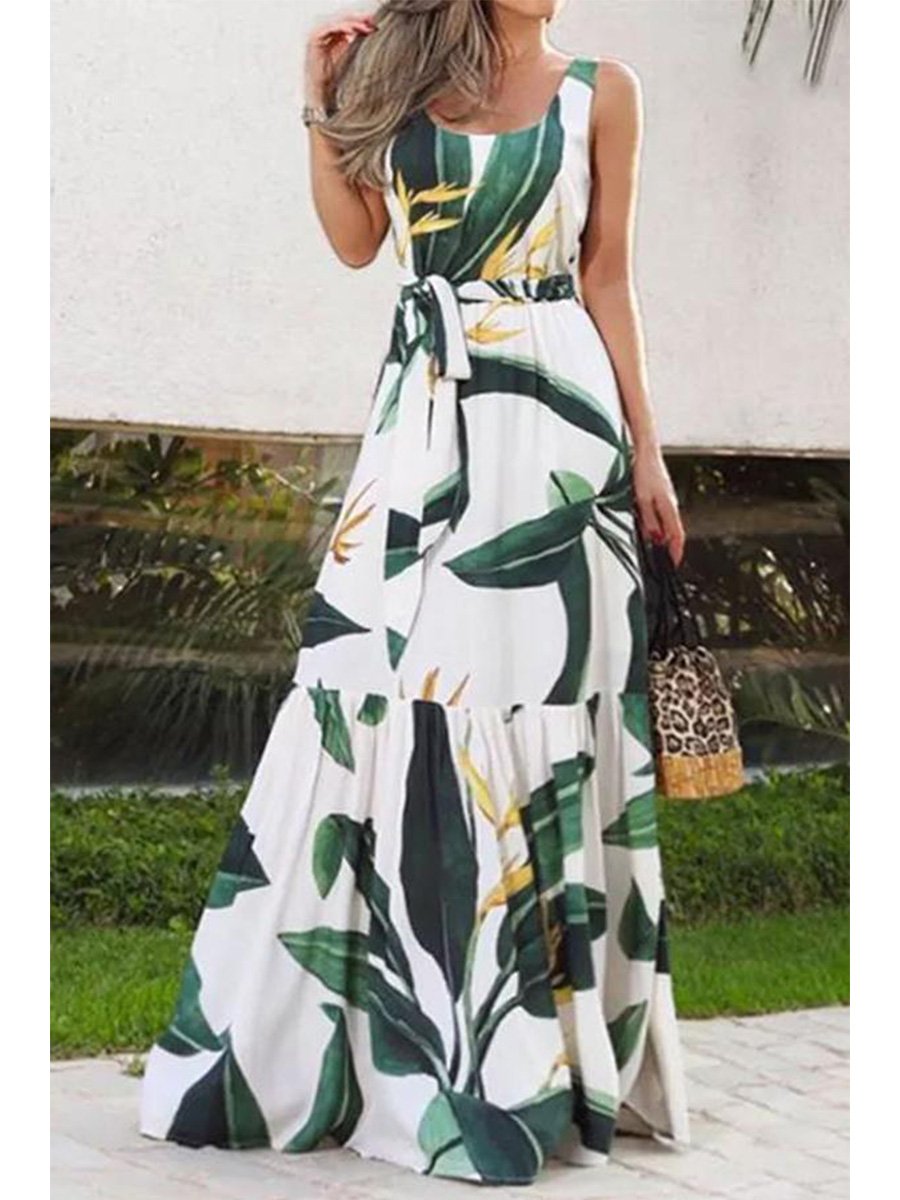 Bohemian Green Printed Bouquet Waist Dress