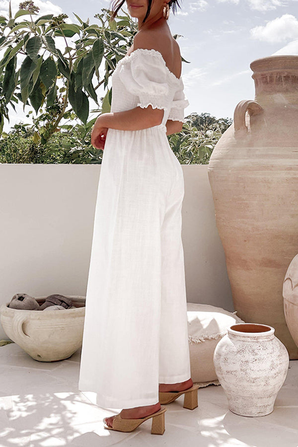 White One-piece with A One-line Collar and Bubble Sleeves