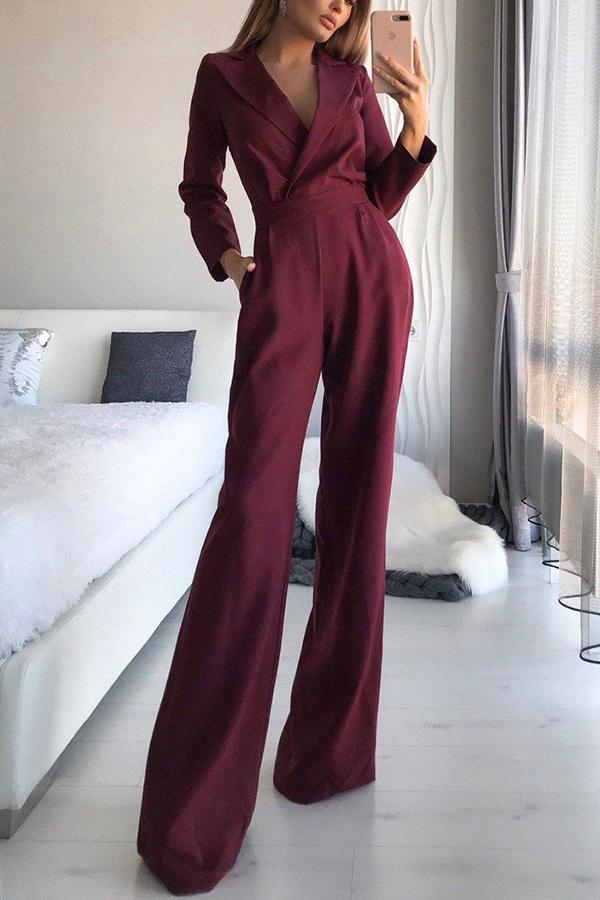 Lapel Solid Formal Wide Leg Jumpsuit